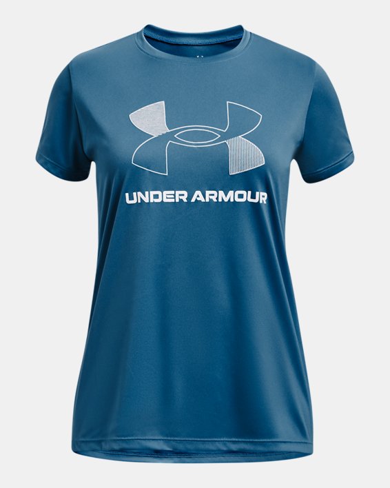 Girls' UA Tech™ Big Logo Short Sleeve, Blue, pdpMainDesktop image number 0